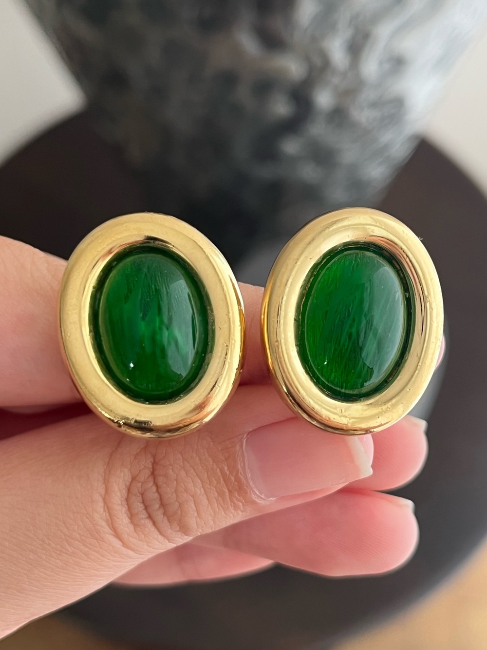 Authentic Vintage Dior Oval Green Swirly Poured Glass Cabochon Gold Clip Earring